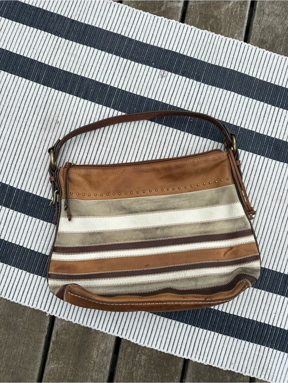 Fossil Striped Brown & Tan leather Shoulder Bag